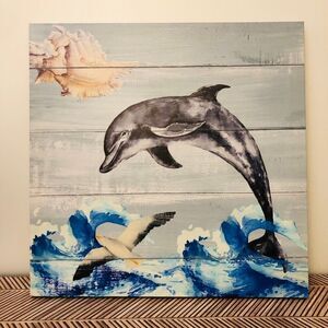 Beachy Coastal Canvas Art Decor Dolphin Seawaves Seashells Seagulls